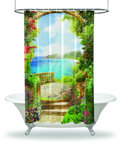 Balcony View Shower Curtain - Colorful Flowers Garden Bath Curtain for Chic Bathroom Decor