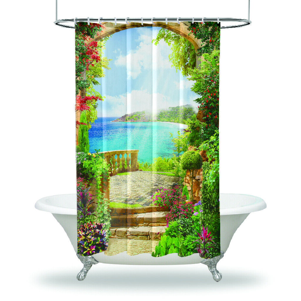 Balcony View Shower Curtain - Colorful Flowers Garden Bath Curtain for Chic Bathroom Decor