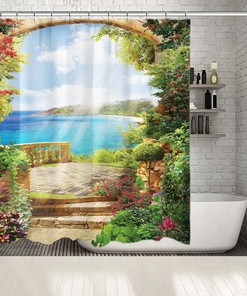 Balcony View Shower Curtain - Colorful Flowers Garden Bath Curtain for Chic Bathroom Decor