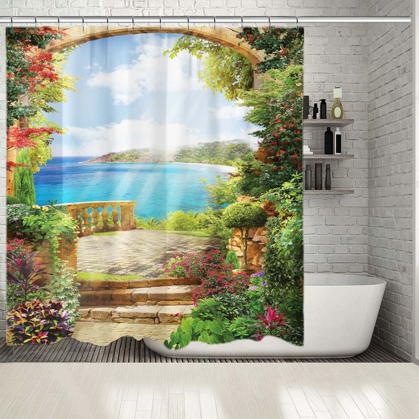 Balcony View Shower Curtain - Colorful Flowers Garden Bath Curtain for Chic Bathroom Decor