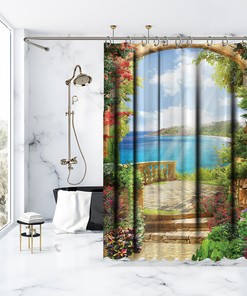 Balcony View Shower Curtain - Colorful Flowers Garden Bath Curtain for Chic Bathroom Decor