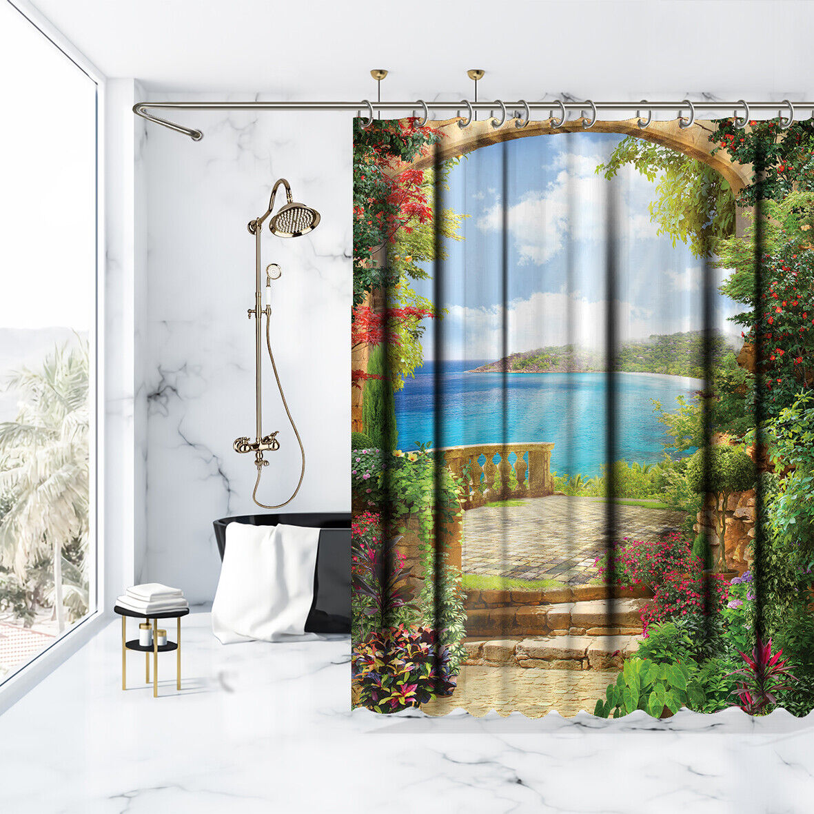 Balcony View Shower Curtain - Colorful Flowers Garden Bath Curtain for Chic Bathroom Decor
