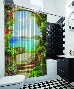 Balcony View Shower Curtain - Colorful Flowers Garden Bath Curtain for Chic Bathroom Decor