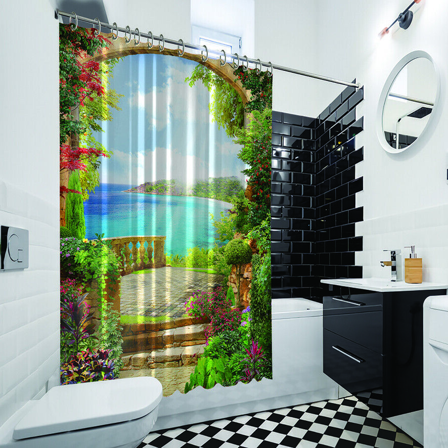 Balcony View Shower Curtain - Colorful Flowers Garden Bath Curtain for Chic Bathroom Decor