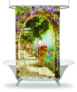 Balcony View Shower Curtain - Flowers Garden by the River Bath Curtain for Boho Bathroom Decor
