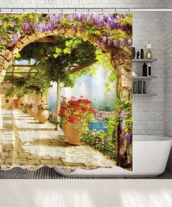 Balcony View Shower Curtain - Flowers Garden by the River Bath Curtain for Boho Bathroom Decor