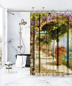 Balcony View Shower Curtain - Flowers Garden by the River Bath Curtain for Boho Bathroom Decor