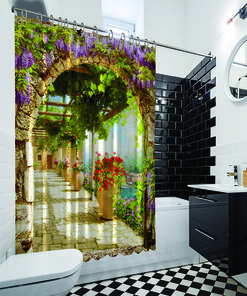 Balcony View Shower Curtain - Flowers Garden by the River Bath Curtain for Boho Bathroom Decor