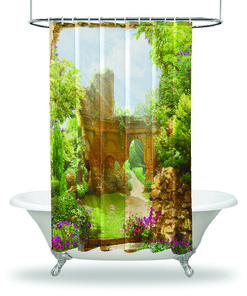 Balcony View Shower Curtain - Garden Bushes Ancient Bath Curtain for Nature Bathroom Decor