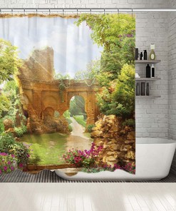 Balcony View Shower Curtain - Garden Bushes Ancient Bath Curtain for Nature Bathroom Decor