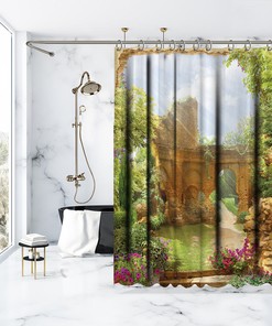 Balcony View Shower Curtain - Garden Bushes Ancient Bath Curtain for Nature Bathroom Decor