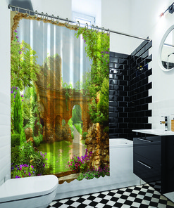 Balcony View Shower Curtain - Garden Bushes Ancient Bath Curtain for Nature Bathroom Decor
