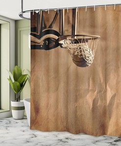 Ball in The Net Shower Curtain, Sports Competition Cloth Bathroom Decor in Sepia
