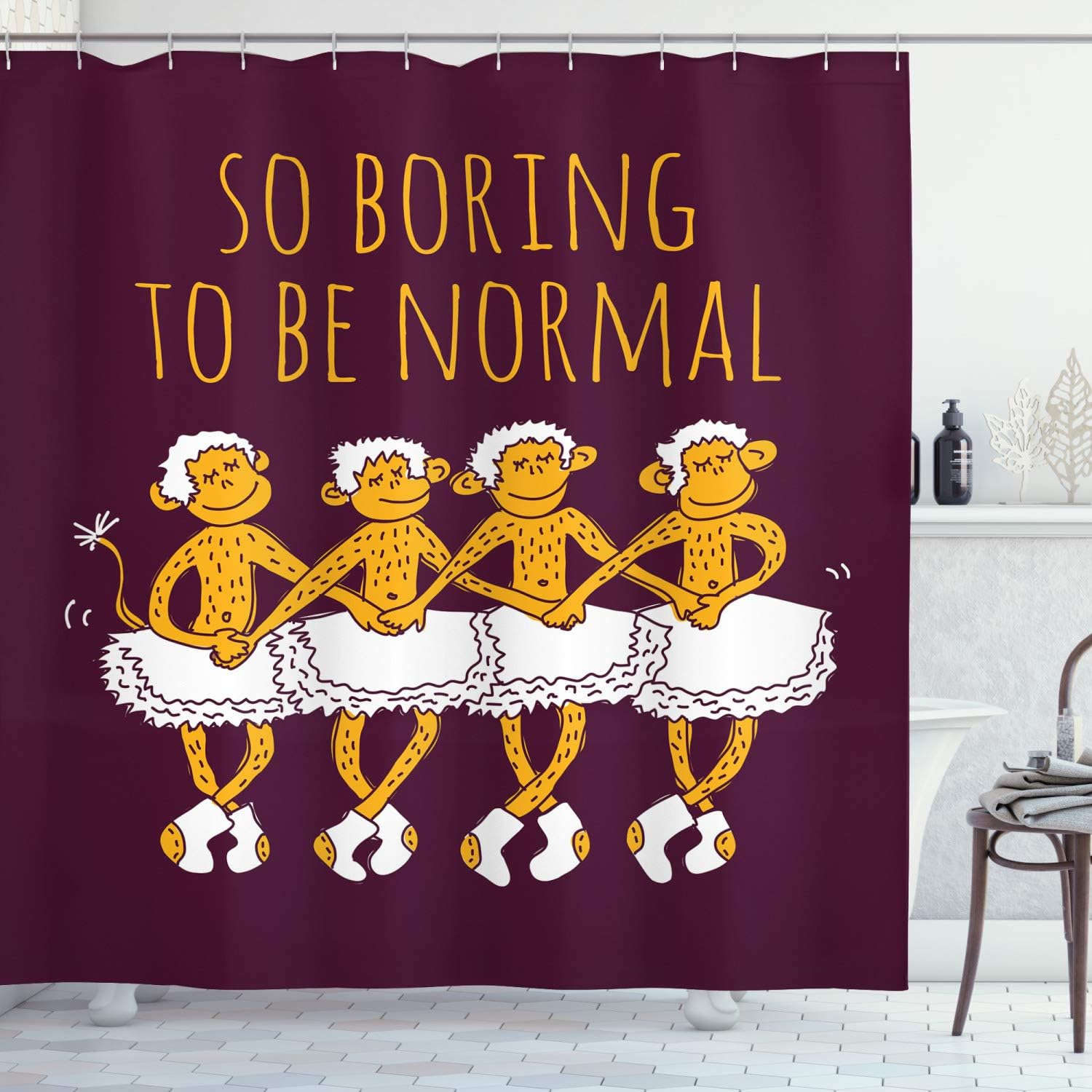 Ballerina Monkey Shower Curtain, Dancing Monkeys with So Boring to Be Normal Words Print- Bathroom Decor