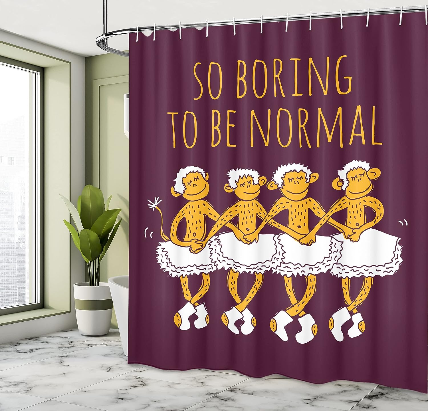 Ballerina Monkey Shower Curtain, Dancing Monkeys with So Boring to Be Normal Words Print- Bathroom Decor