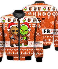 Baltimore Orioles Baby Groot And Grinch Best Friends Football American Ugly Christmas Sweater Gifts Unisex 3D Bomber Jacket