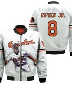 Baltimore Orioles Cal Ripken Jr. 8 MLB Great Player White For Orioles Fans Bomber Jacket