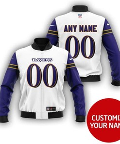 Baltimore Ravens #00 Personalized White Blue Jersey Style Gift With Custom Number Name For Ravens Fans Bomber Jacket