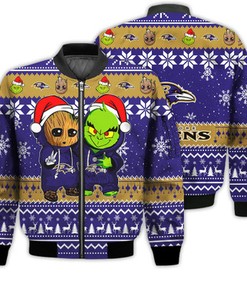 Baltimore Ravens Baby Groot And Grinch Best Friends Football American Ugly Christmas Sweater Gifts Unisex 3D Bomber Jacket