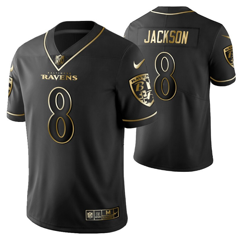Baltimore Ravens Lamar Jackson 8 2021 Nfl Golden Brandedition Black Jersey Gift For Ravens Fans