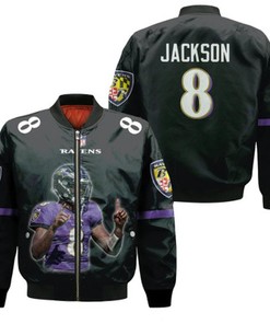 Baltimore Ravens Lamar Jackson 8 NFL Legendary Captain Black Gift For Ravens Fans Bomber Jacket