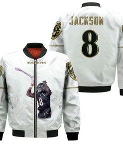 Baltimore Ravens Lamar Jackson 8 NFL Legendary Captain White Gift For Ravens Fans Bomber Jacket