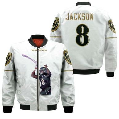 Baltimore Ravens Lamar Jackson 8 NFL Legendary Captain White Gift For Ravens Fans Bomber Jacket