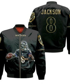 Baltimore Ravens Lamar Jackson 8 NFL Legendary Football Captain Black Gift For Ravens Fans Bomber Jacket