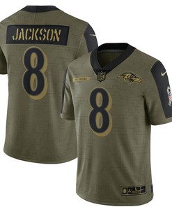Baltimore Ravens Lamar Jackson 8 Nfl Olive 2021 Salute To Service Player Men Jersey For Ravens Fans