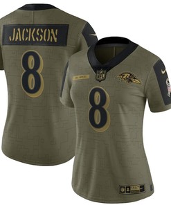 Baltimore Ravens Lamar Jackson 8 Nfl Olive 2021 Salute To Service Player Women Jersey For Ravens Fans