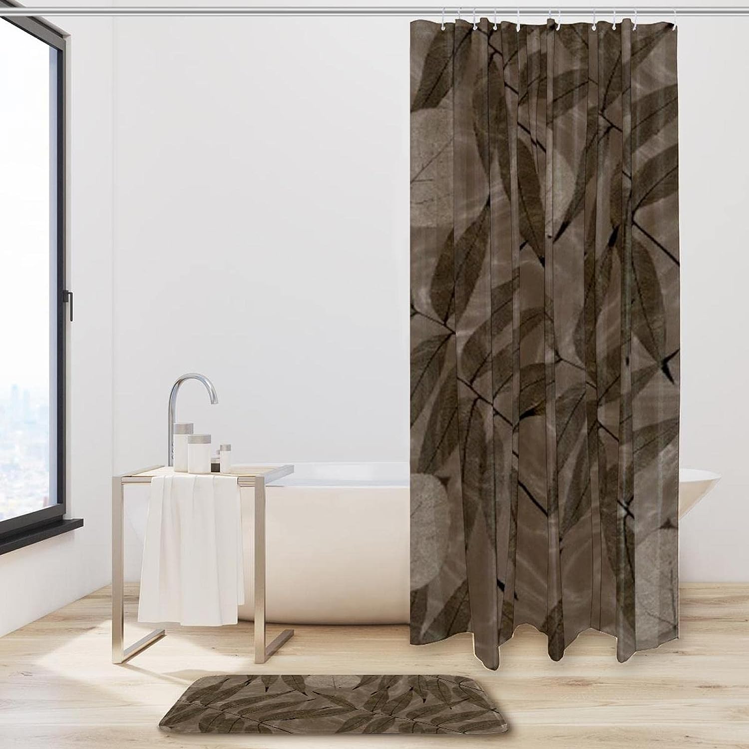 Bamboo Leaf Rubbings Printing Waterproof Fabric Bathroom Shower Curtain