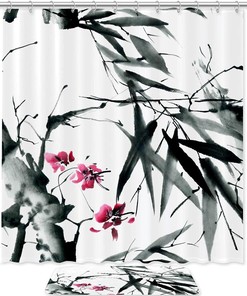 Bamboo Leaves Traditional Printing Waterproof Fabric Bathroom Shower Curtain