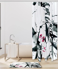 Bamboo Leaves Traditional Printing Waterproof Fabric Bathroom Shower Curtain