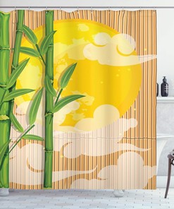 Bamboo Moon and Clouds Cloth Fabric Shower Curtain, Eastern Bathroom Decor