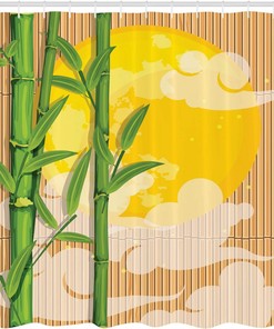 Bamboo Moon and Clouds Cloth Fabric Shower Curtain, Eastern Bathroom Decor