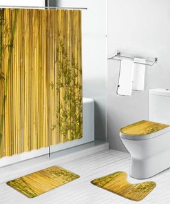 Bamboo Printed Shower Curtain Set with Lotus Flowers for Zen Bathroom Decor