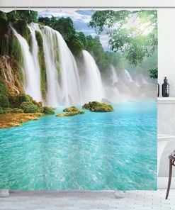 Ban Gioc-Detian Cascade Shower Curtain, Tropical Waterscape Clear Pool Cloth Fabric Bathroom Decor