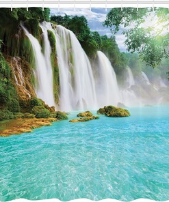 Ban Gioc-Detian Cascade Shower Curtain, Tropical Waterscape Clear Pool Cloth Fabric Bathroom Decor