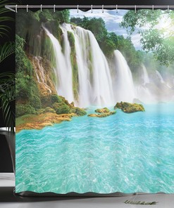 Ban Gioc-Detian Cascade Shower Curtain, Tropical Waterscape Clear Pool Cloth Fabric Bathroom Decor