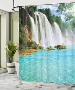 Ban Gioc-Detian Cascade Shower Curtain, Tropical Waterscape Clear Pool Cloth Fabric Bathroom Decor