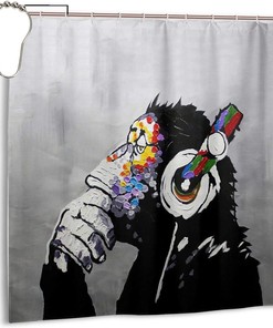 Banksy Monkeys with Headphones Shower Curtain - Rustic Farmhouse Bathroom Decor