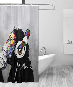 Banksy Monkeys with Headphones Shower Curtain - Rustic Farmhouse Bathroom Decor