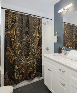 Baroque Floral Shower Curtain - Black and Gold Bathroom Decor with Elegant Design