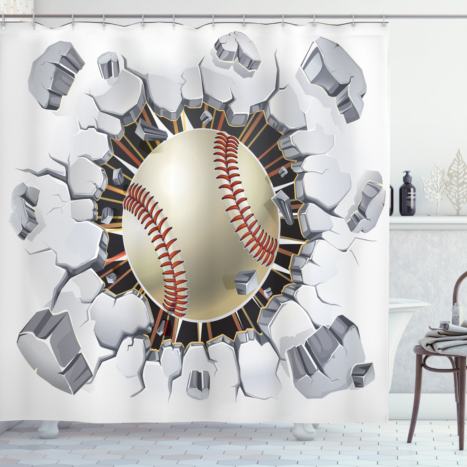 Baseball Ball Illustration Design Shower Curtain for Sports Bathroom Decor