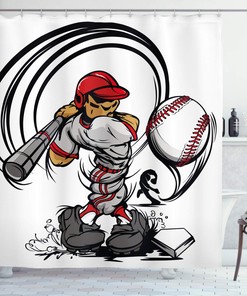 Baseball Caricature Shower Curtain, Cartoon Style Player Hitting The Ball Print, Teen Room Decor
