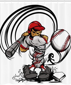 Baseball Caricature Shower Curtain, Cartoon Style Player Hitting The Ball Print, Teen Room Decor