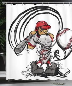 Baseball Caricature Shower Curtain, Cartoon Style Player Hitting The Ball Print, Teen Room Decor
