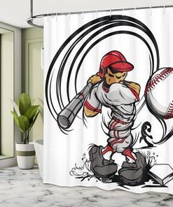 Baseball Caricature Shower Curtain, Cartoon Style Player Hitting The Ball Print, Teen Room Decor