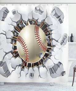 Baseball Damage Shower Curtain, Sports Bathroom Decor with Old Plaster Concrete Wall Illustration, Ivory Grey Orange