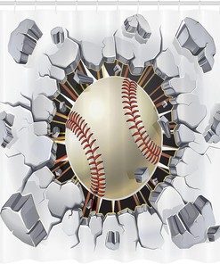 Baseball Damage Shower Curtain, Sports Bathroom Decor with Old Plaster Concrete Wall Illustration, Ivory Grey Orange